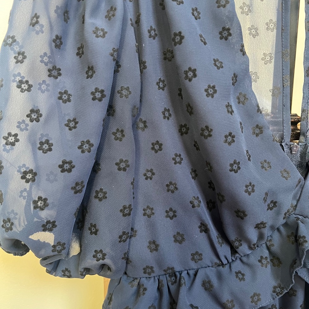 B. Darlin Women's Navy Ruffled Zippered Lined Floral Pouf Sleeve V Neck Dress - Picture 3 of 8